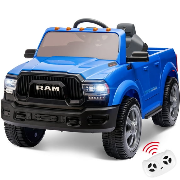Ram Ride on Cars, 12V Licensed Powered Dodge Ram Ride on Toy Car with Remote Control, Electric Truck Car for Kids 3-5 w/Music Player/LED Headlights/Safety Belt/Water Cup Holder, Blue