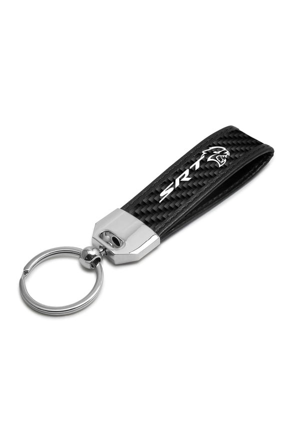 Dodge SRT Hellcat Real Carbon Fiber Leather Strap Key Chain with Black stitching