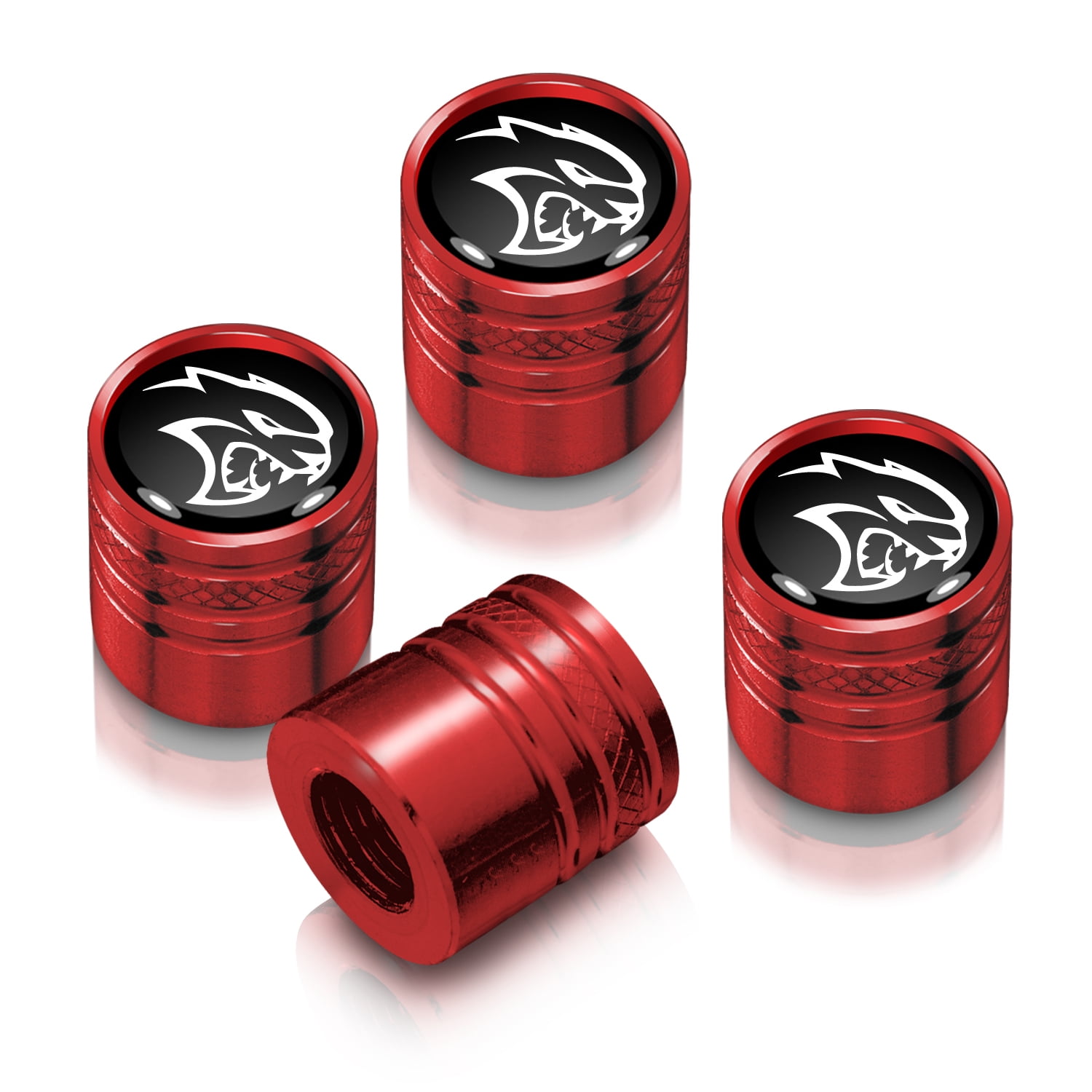 Dodge SRT Hellcat in Black on Red Aluminum Cylinder-Style Tire Valve Stem Caps