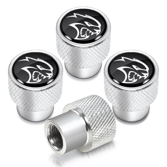 Dodge SRT Hellcat in Black on Shining Silver Aluminum Tire Valve Stem Caps