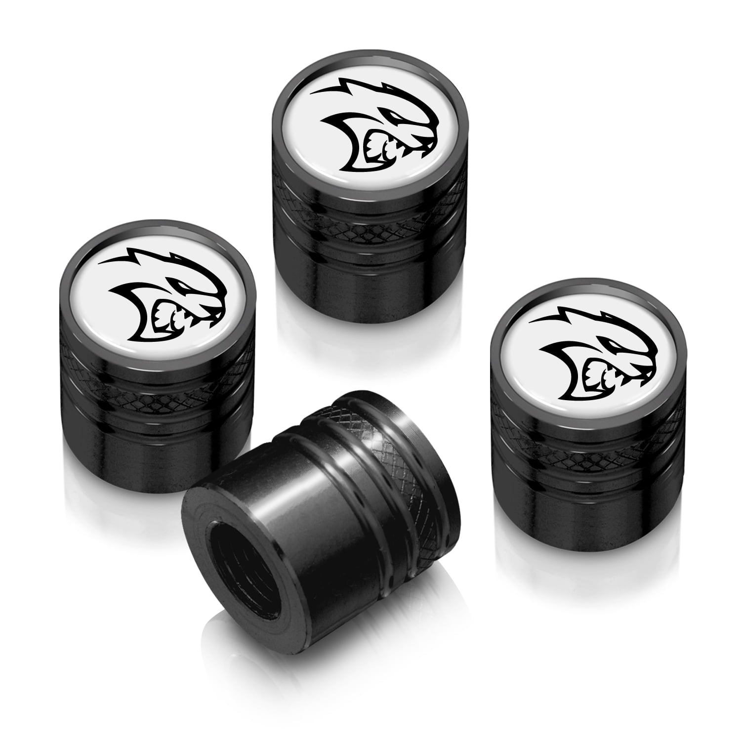 Dodge SRT Hellcat in White on Black Aluminum Cylinder-Style Tire Valve Stem Caps