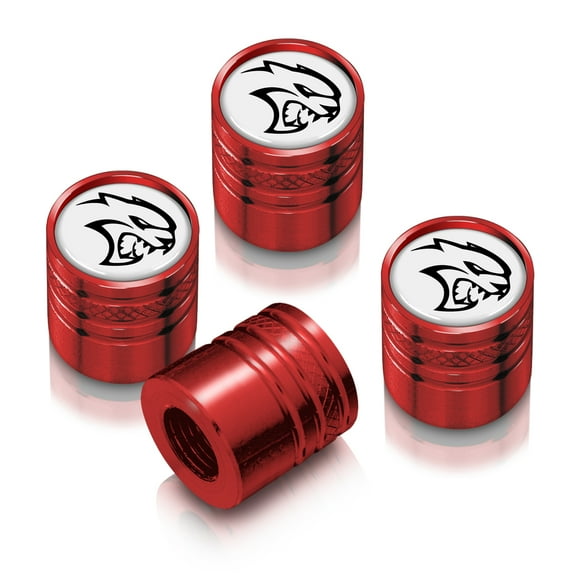 Dodge SRT Hellcat in White on Red Aluminum Cylinder-Style Tire Valve Stem Caps