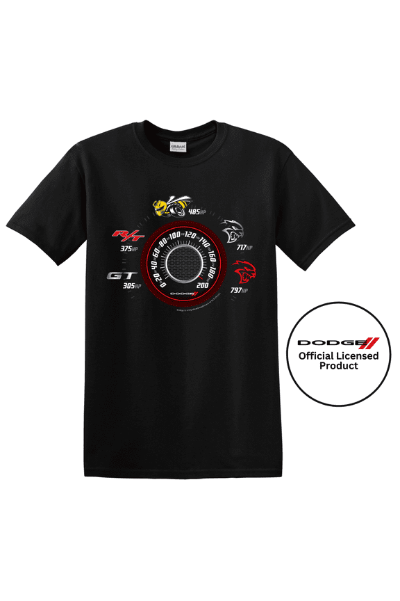 Dodge Speedometer Horsepower Logo Graphic Cotton T-Shirt Black Official Licensed (XL)