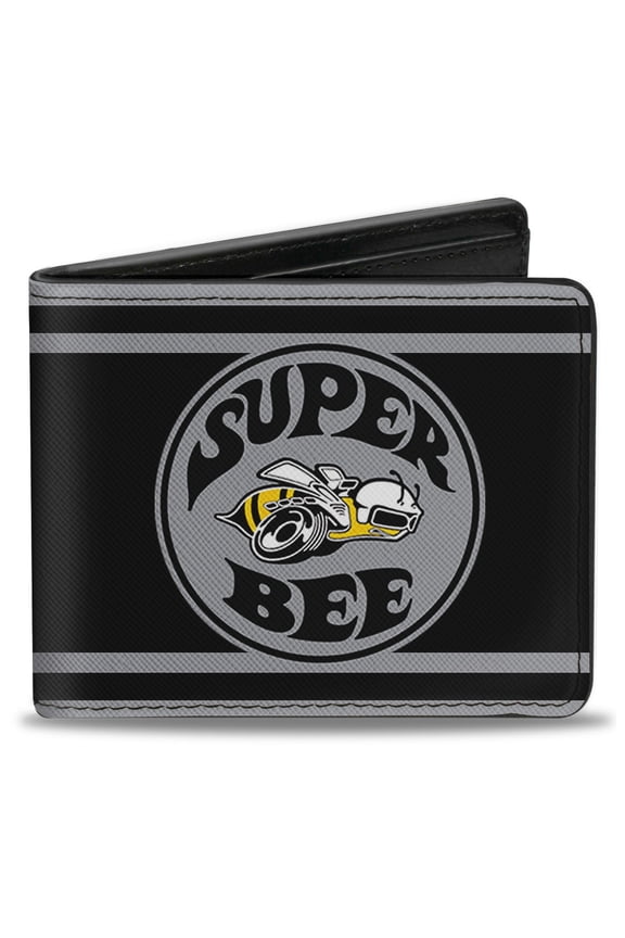 Dodge Wallet, Bifold, Super Bee Logo Stripes Black Gray, Vegan Leather