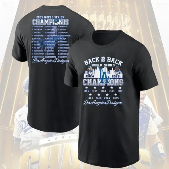 Dodgers Back 2 Back World Series Champions 2024-2025 Both Side T Shirt,Royal Color,Size 2XL