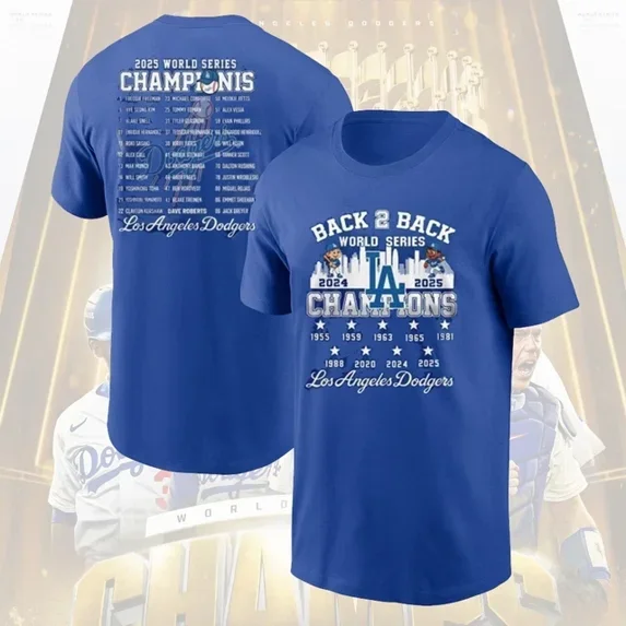 Dodgers Back 2 Back World Series Champions 2024-2025 Both Side T Shirt,White Color,Size 2XL