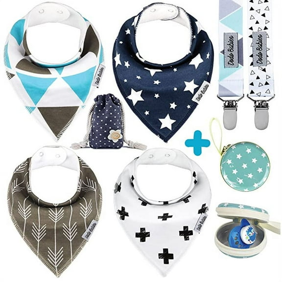 Dodo Babies 4 Pack Baby Bandana Drool Bibs with 2 Pacifier Clips and 1 Pacifier Case