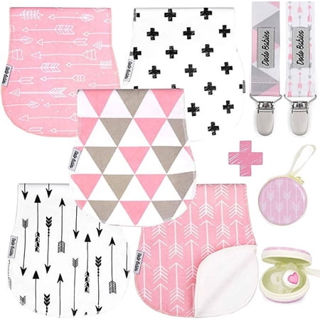 Dodo Babies 5 Pack Baby Burp Cloths with 2 Pacifier Clips and 1 Pacifier Case, Female, Infant