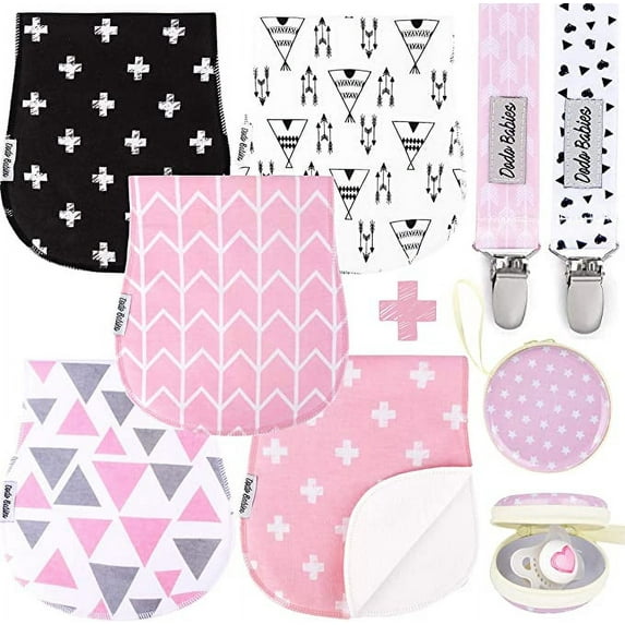Dodo Babies 5 Pack Baby Burp Cloths with 2 Pacifier Clips and 1 Pacifier Case, Female, Toddler