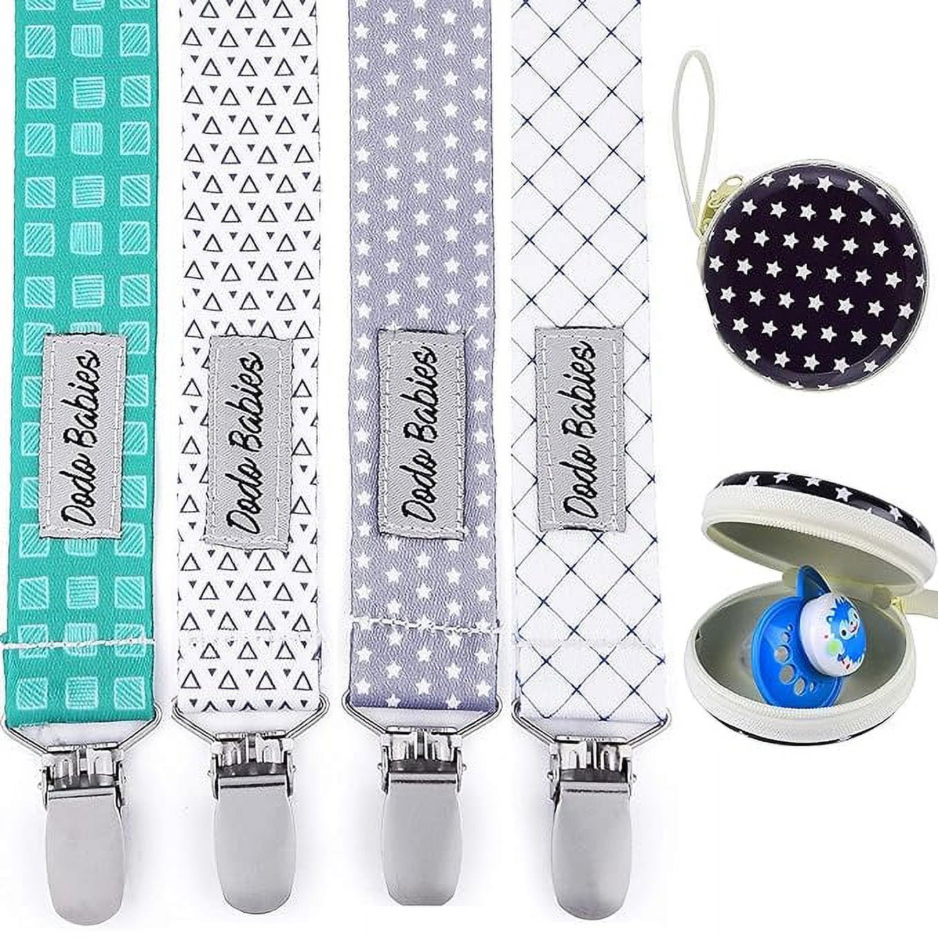 Dodo Babies Pacifier Clip Set Four Clips Plus Binky Case Universal