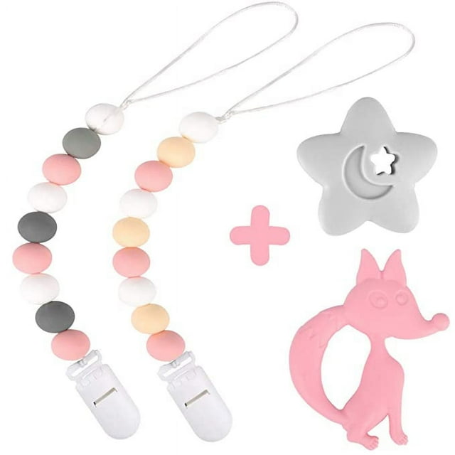 Dodo Babies Silicone Bead Pacifier Clip & Teething Toy Set Two Universal Holder Paci Leashes