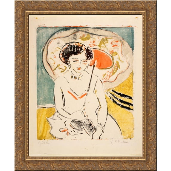 Dodo with a Japanese Umbrella 24x20 Gold Ornate Wood Framed Canvas Art by Ernst Ludwig Kirchner