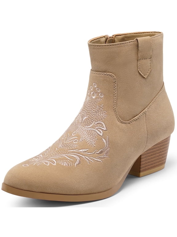 Women Faux Suede Ankle Boots Block Low Heel Chunky Cowboy Booties with Embroidery