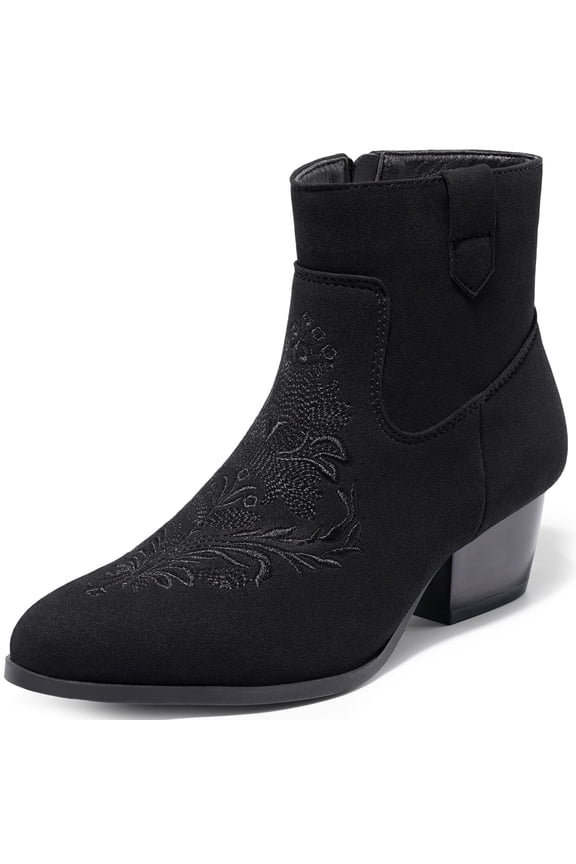 Women Faux Suede Ankle Boots Block Low Heel Chunky Cowboy Booties with Embroidery