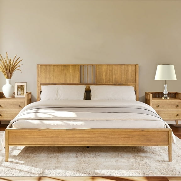 Queen Platform Bed with Solid Acacia Headboard, Side Storage Cabinets, No Box Spring Needed, Dark Walnut
