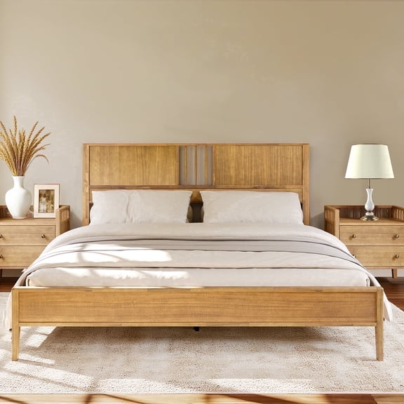 Queen Solid Wood Platform Bed with Headboard, Bed Frame with 12 Strong Wood Slat Support, Sturdy Bed Legs, No Box Spring Needed, Dark Walnut