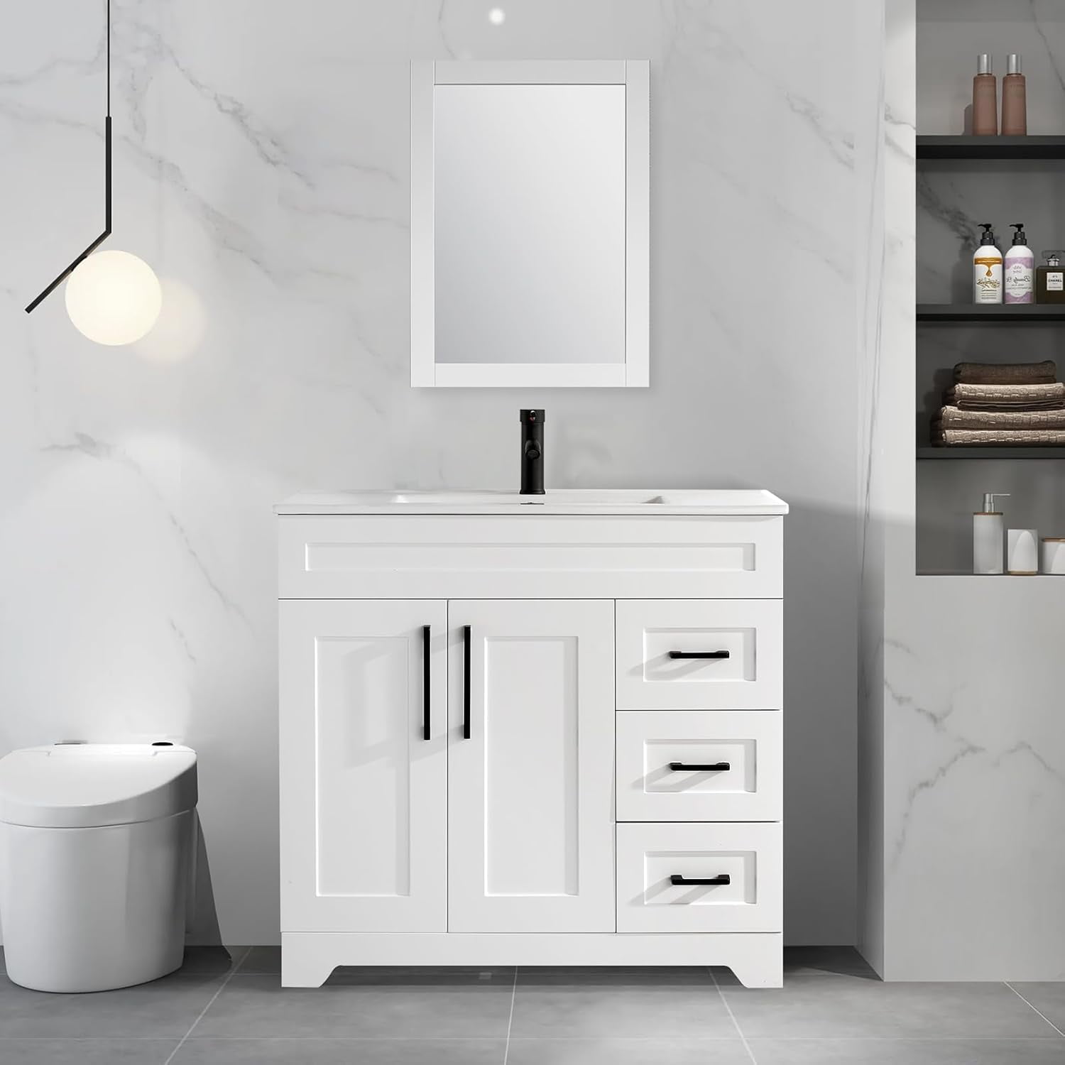 36" White Freestanding Bathroom Vanity with Sink and Storage