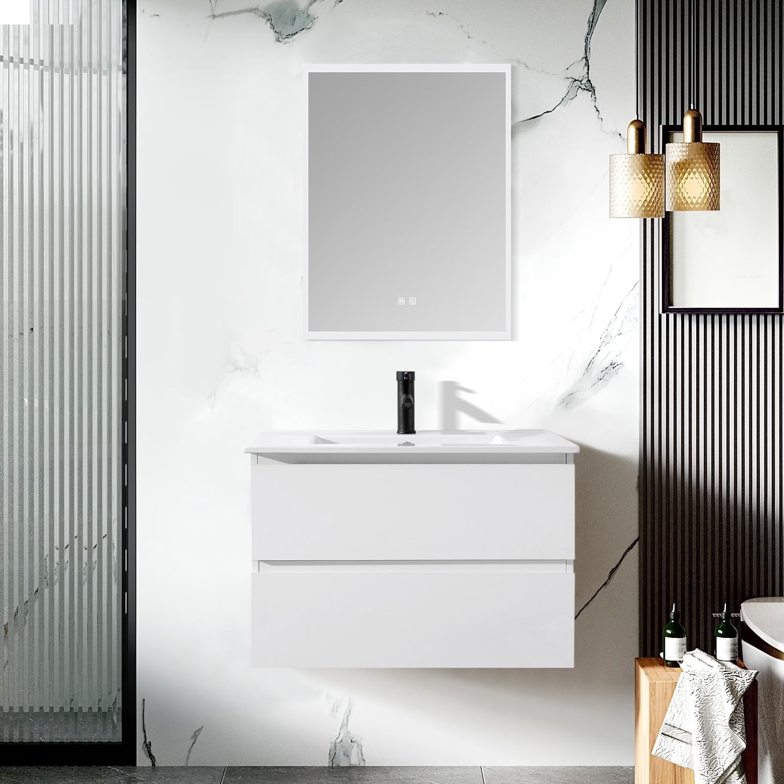 Dodrehome 36 Inch White Modern Floating Wall Mounted Bathroom Vanity w/ Ceramic Sink & Pop Up Faucet, Soft-Close System, 2 Storage Cabinets