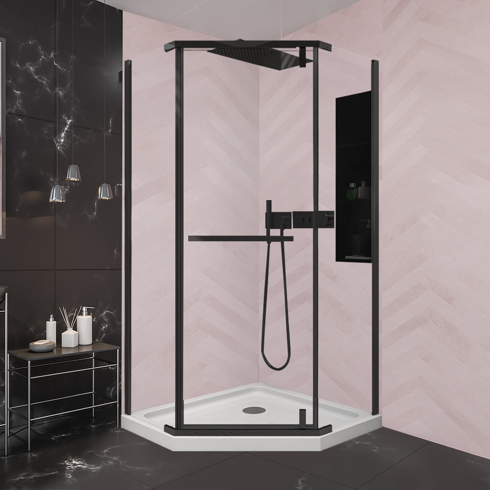 Dodrehome 36"W x 72"H Neo-Angle Frameless Shower Door，Corner Shower Enclosure with 1/4"(6mm) Clear SGCC Tempered Glass, Pivot Shower Doors in Matte Black Finish, Reversible Installation