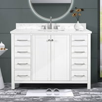 Dodrehome 48" White Bathroom Vanity with Carrara Engineering Stone Top & Backsplash, 2 Soft Closing Doors, 8 Full Extension Drawers