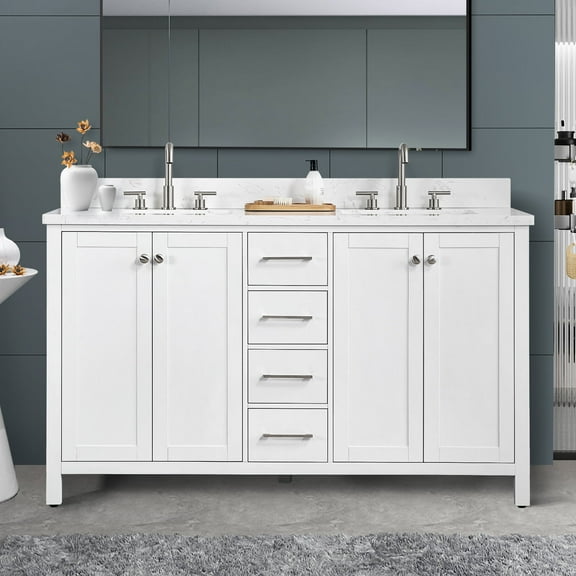 Dodrehome 60" White Bathroom Vanity with Carrara Engineering Stone Top & Backsplash, 4 Soft Closing Doors, 4 Full Extension Drawers