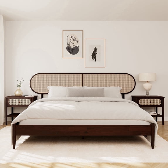 Queen Platform Bed with Solid Acacia Headboard, 12 Strong Wood Slat Support, No Box Spring Needed, Caramel