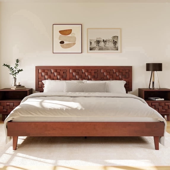 Wooden Platform Bed Frame with Headboard, 12 Strong Wood Slat Support, No Box Spring Needed, 800lbs Capacity, Easy Assembly, Walnut Brown