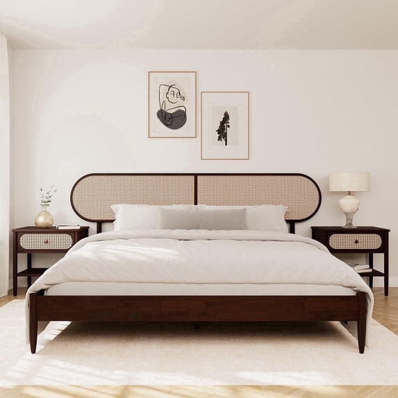 King Platform Bed with Solid Acacia Headboard, 12 Strong Wood Slat Support, No Box Spring Needed, Dark Walnut