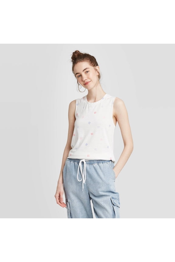 Women's Sleeveless Crewneck Flip Flop Graphic Pirnt Tank Top - White - (X-Large)