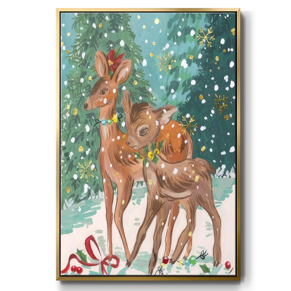 Doe and Fawn I - Framed Gallery Wrapped Holiday Canvas - 17 x 25 - Gold Frame
