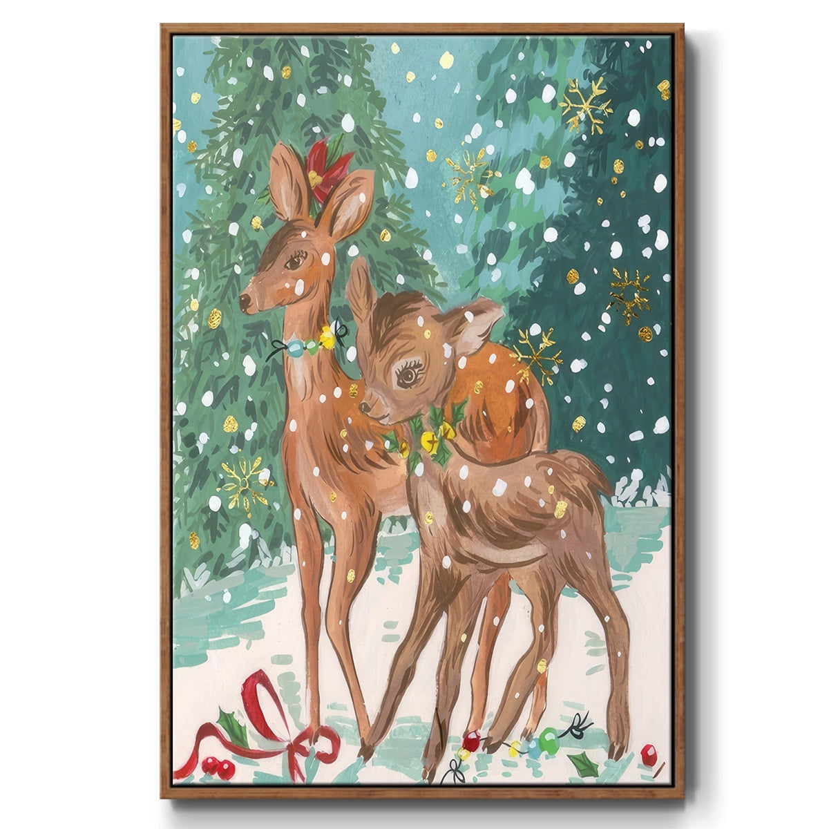 Doe and Fawn I - Framed Gallery Wrapped Holiday Canvas - 17 x 25 - Rosewood Frame