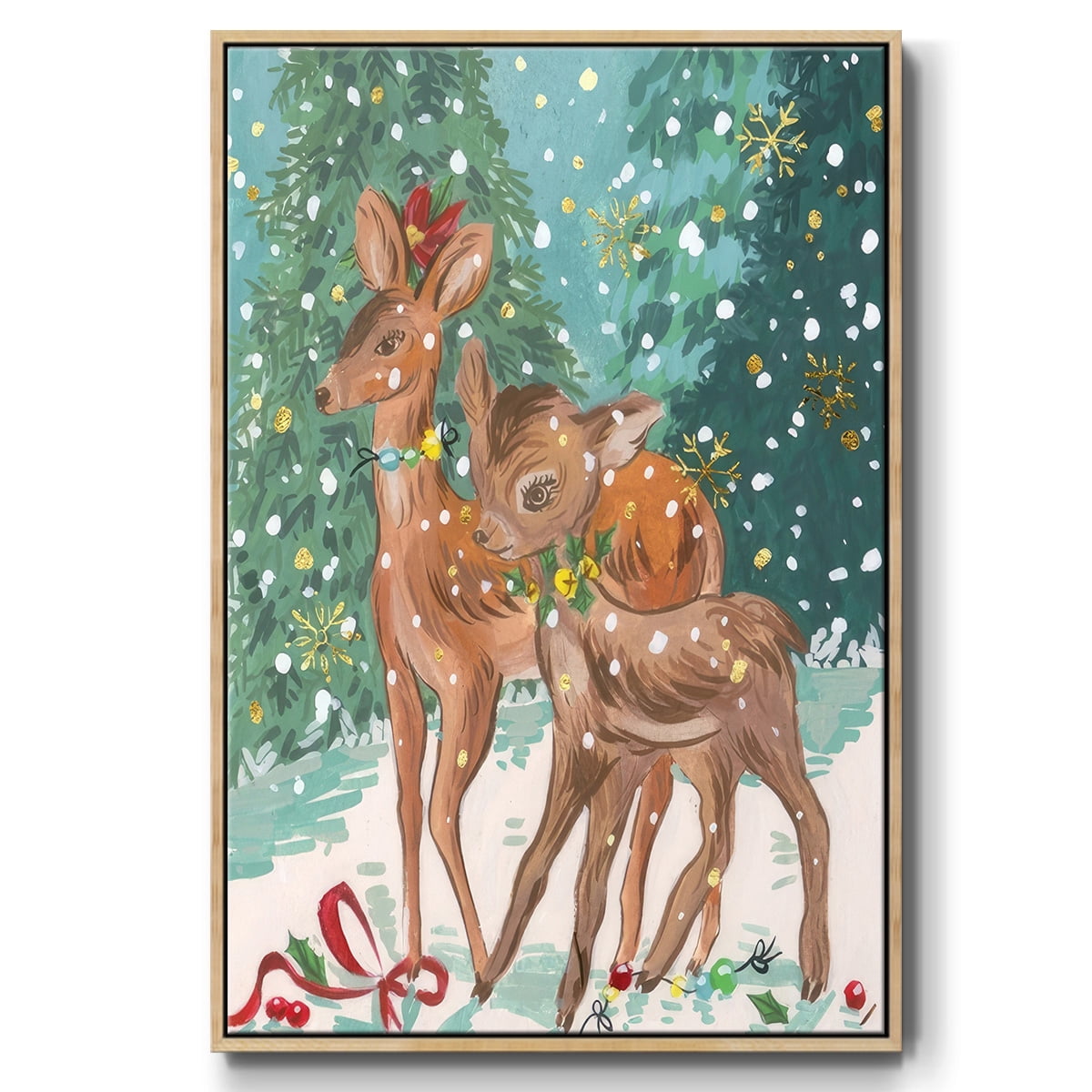 Doe and Fawn I - Framed Gallery Wrapped Holiday Canvas - 25 x 37 - Natural Wood Frame