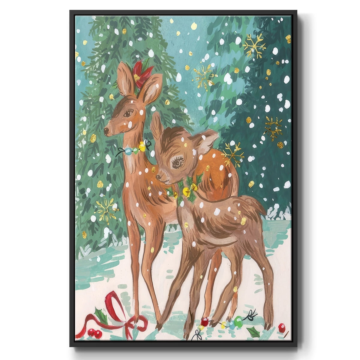 Doe and Fawn I - Framed Gallery Wrapped Holiday Canvas - 27 x 41 - Black Frame