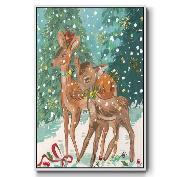 Doe and Fawn I - Framed Gallery Wrapped Holiday Canvas - 27 x 41 - White Frame