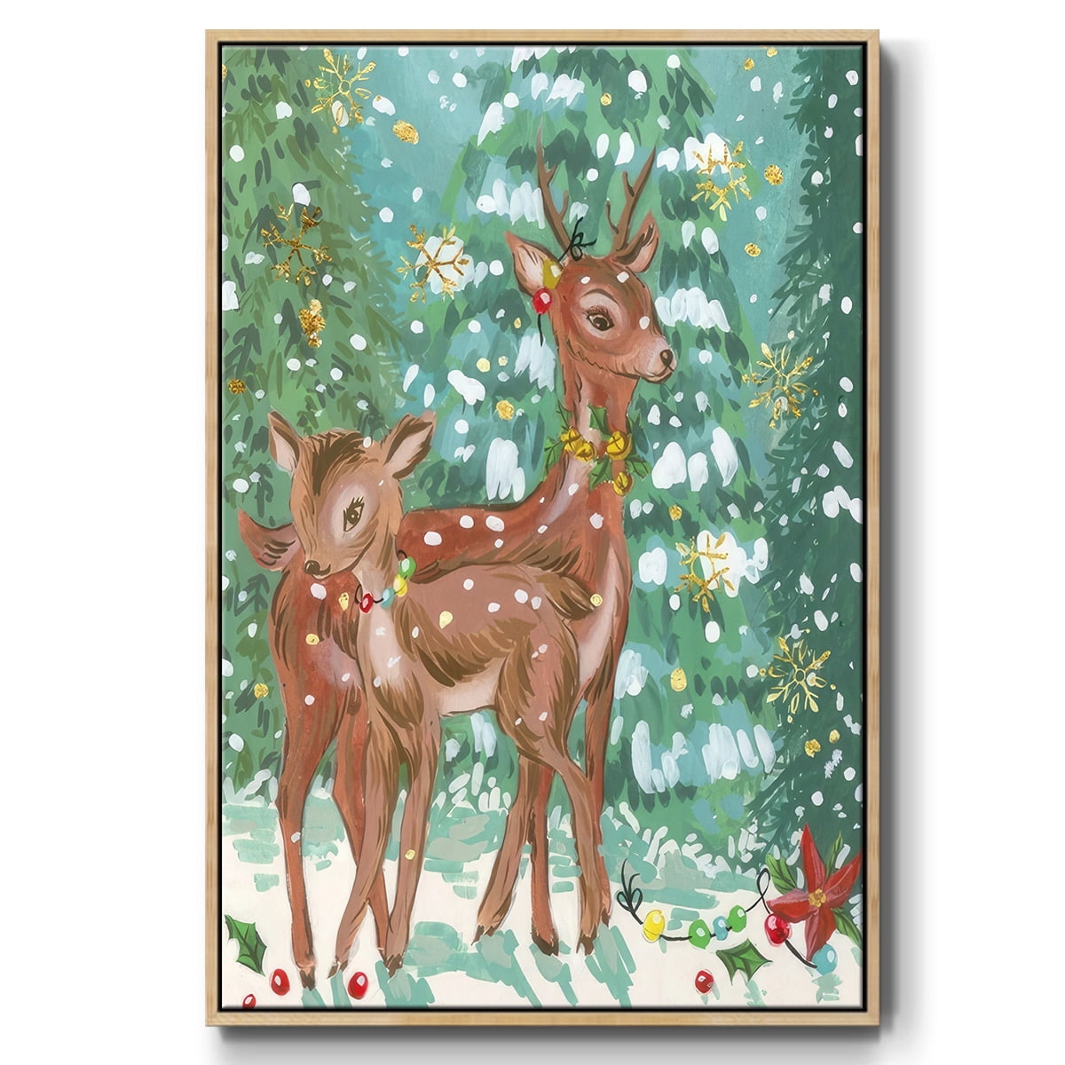Doe and Fawn II - Framed Gallery Wrapped Holiday Canvas - 17 x 25 - Natural Wood Frame