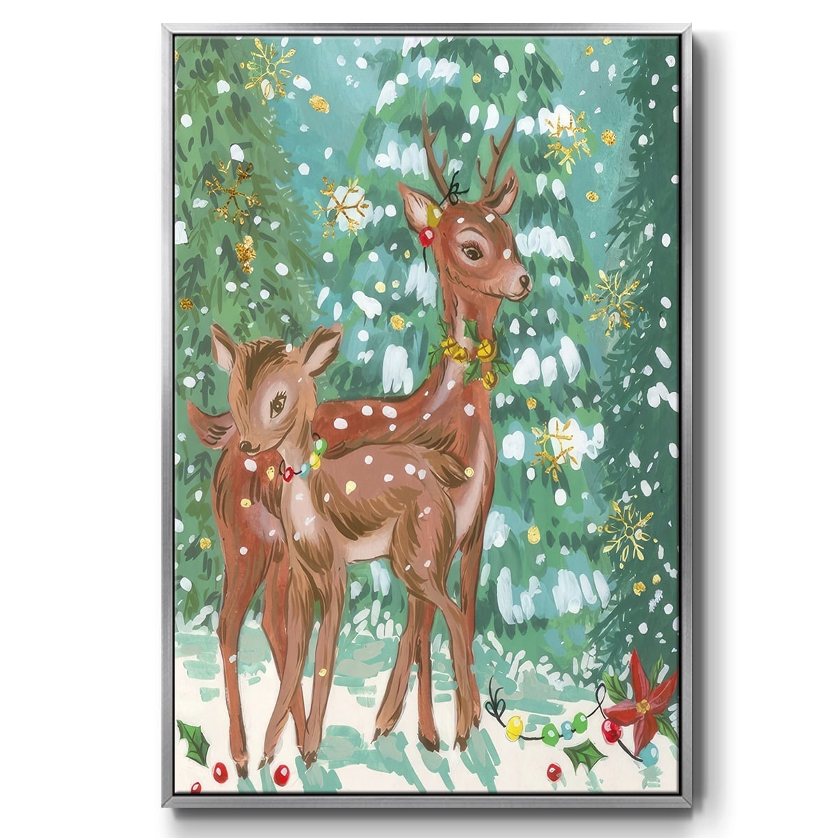 Doe and Fawn II - Framed Gallery Wrapped Holiday Canvas - 17 x 25 - Silver Frame