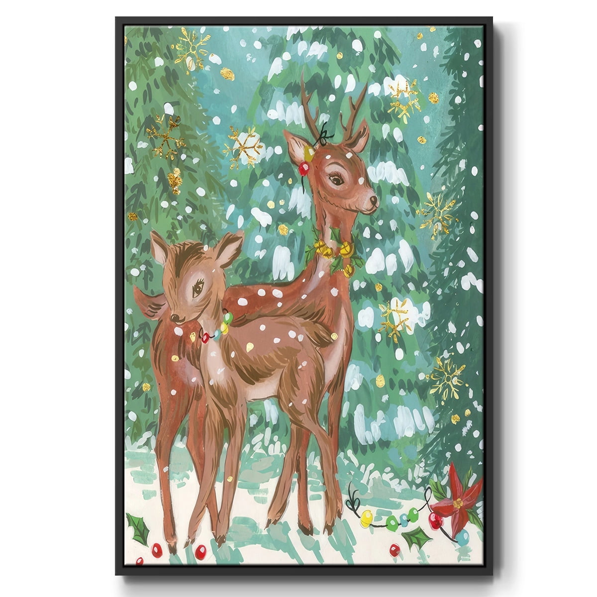 Doe and Fawn II - Framed Gallery Wrapped Holiday Canvas - 27 x 41 - Black Frame