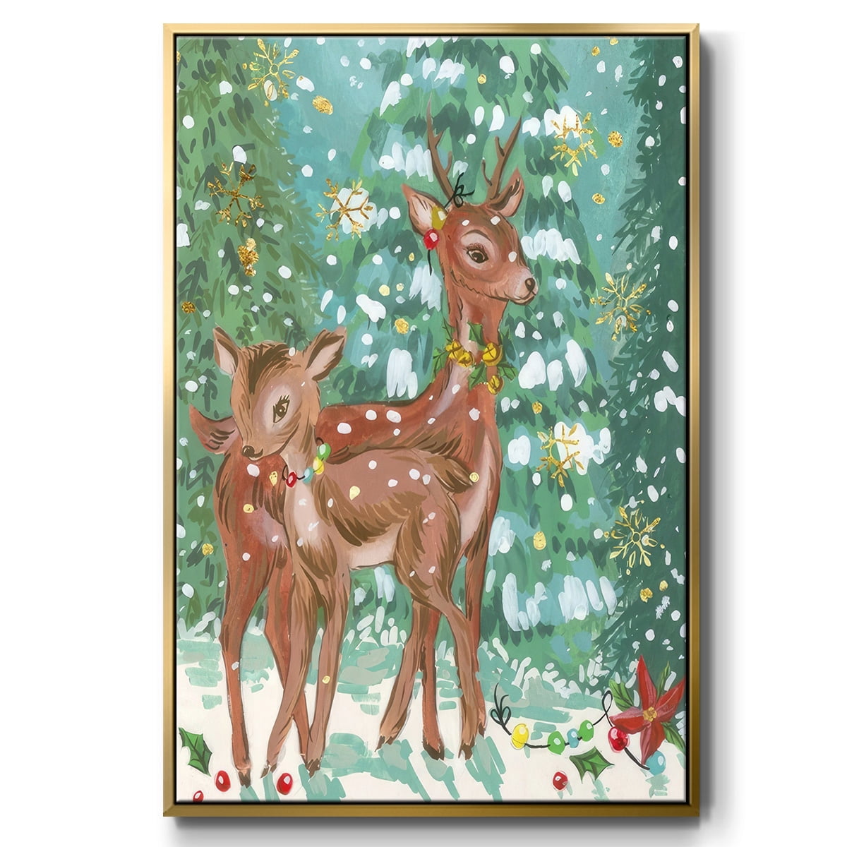Doe and Fawn II - Framed Gallery Wrapped Holiday Canvas - 27 x 41 - Gold Frame