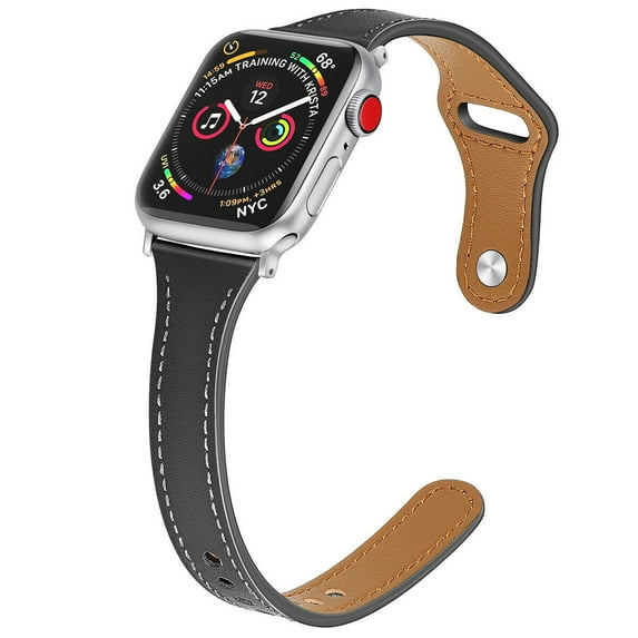FIEWESEY Leather Band Compatible With Apple Watch 42 44 45 Replacement Band Strap Slim Thin Replacement Wristband Buckle Fit For Apple Watch Series 9 8 7 6 5 4 3 2 1 SE / Ultra 1 2 49mm - Black