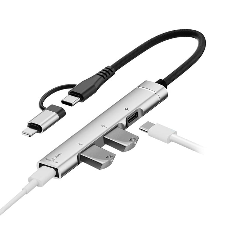 FIEWESEY 4 Ports USB 3.0 Hub USB C to Lightning Adapter Silver