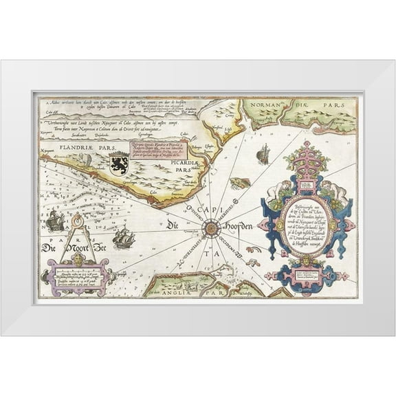 Doetechum, Joannes van 14x10 White Modern Wood Framed Museum Art Print Titled - Map of the coasts of Flanders-Normandy and England 1581