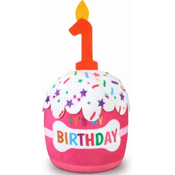 Dog 1st Birthday Cake Toy Accessories for Girl Boy Gifts, Pink Squeaky Plush Toy for Dog Birthday Party Decor Favor for Large, Medium and Small Dogs