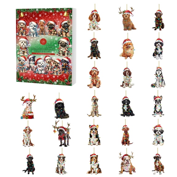 Dog Advent Calendar 2025 24 Days Christmas Countdown Calendar 2D Acrylic Dog Pendant Ornaments Xmas Tree Hanging Decor for Kids Adults Christmas Collectible