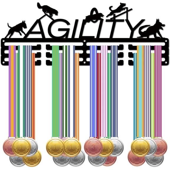 Dog Agility Medal Holder Dog Medal Hanger Medal Rack Display Hanging Awards Wall Mounted Home Decor Dog Agility Competition Race Winner Gift for Pet Owner Men Women 15.7x5.9 Inch Silver for DIY
