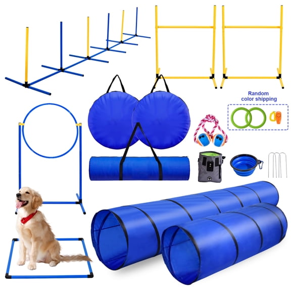 Dog Agility Training Equipment, Dog Obstacle Course Training Starter Kit Pet Outdoor Game with Tunnel, Agility Hurdle, Weave Poles, Jump Ring, Pause Box, Toy Balls and Storage Bag