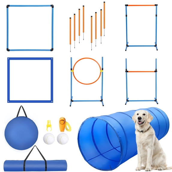 Dog Agility Training Equipment Set, Multi-Functional Dog Agility Obstacle Course Backyard Starter Kit with Tunnel, Weave Poles, Adjustable Hurdle, Jump Ring, Pause Box, Toys, and Carrying Bag