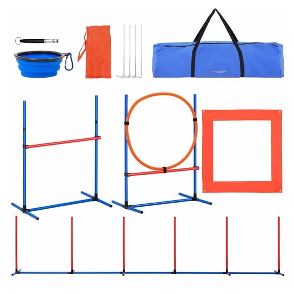 Dog Agility Training Kit - 4PCS Obstacle Course Set, Adjustable Hurdles, Weave Poles, Jump, Pause Box, Whistle & Bowl - Indoor/Outdoor Puppy Training Equipment