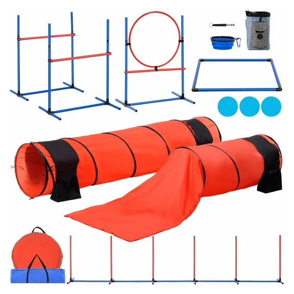 Dog Agility Training Kit, 7PCS Obstacle Course - Hurdles, Weave Poles, Tunnels, Jump, Pause Box & Accessories
