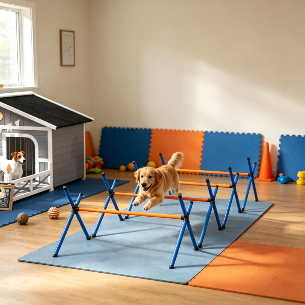 Dog Agility Training Set, 4 Jumps with 3 Adjustable Heights, Tool-Free Assembly, Oxford Carry Bag for All Skill Levels Dogs