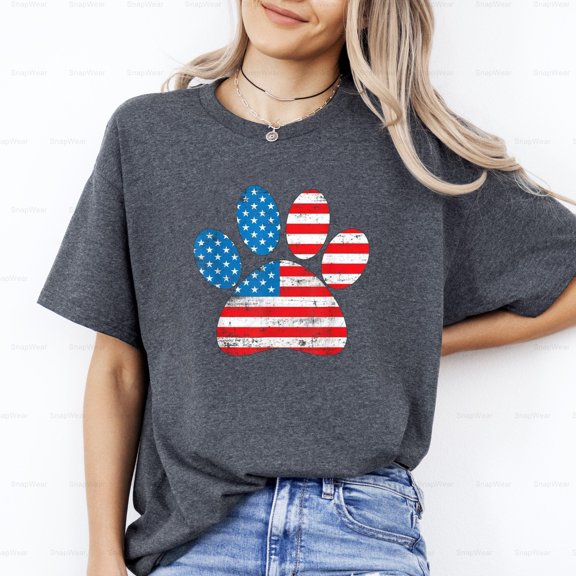 Dog America Flag Patriot Day Paw Print 4th July Independence Pet T-Shirt Unisex, up to 5XL